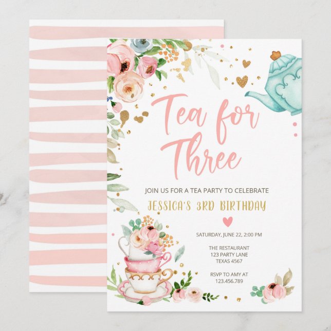 Thé pour trois anniversaire Invitation Floral Tea  (Devant / Derrière)