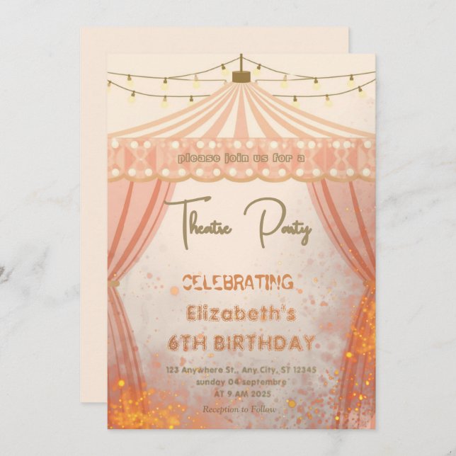 Theatre Marquee Party Invitation – Birthday invite (Devant / Derrière)