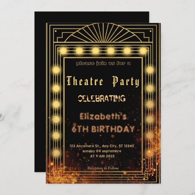 Theatre Marquee Party Invitation – Birthday invite (Devant / Derrière)