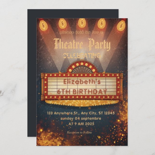 Theatre Marquee Party Invitation – Birthday invite (Devant / Derrière)