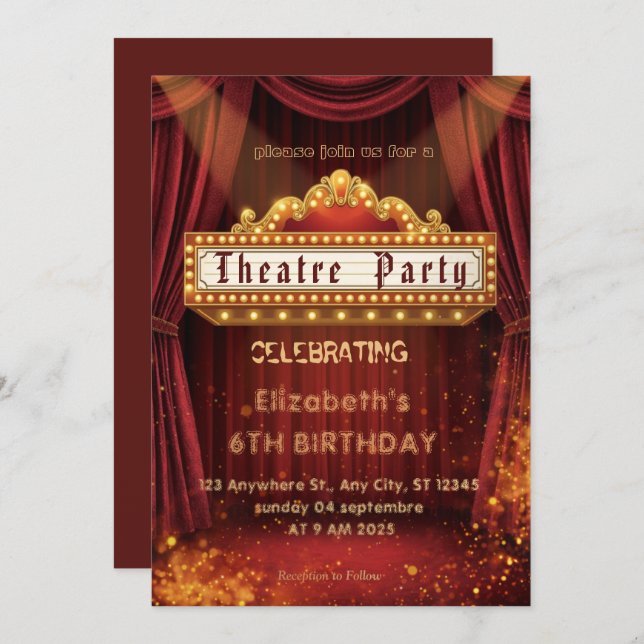 Theatre Marquee Party Invitation – Birthday invite (Devant / Derrière)