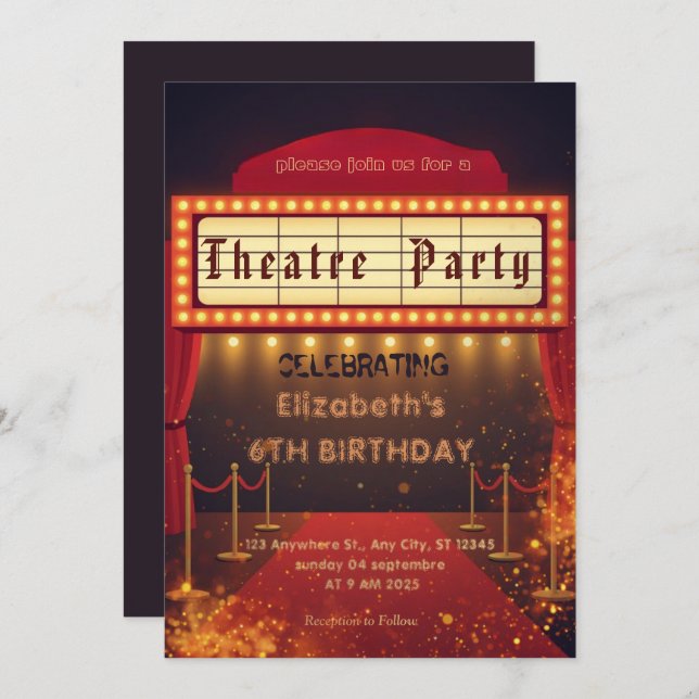 Theatre Marquee Party Invitation – Birthday invite (Devant / Derrière)