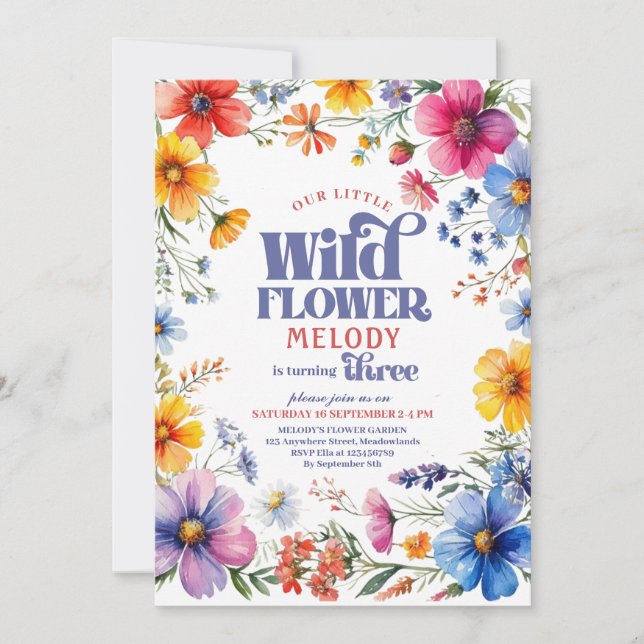 Thee year old Wildflower 3rd birthday Invitation (Devant)