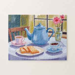Théière et tasses bleues -- Un puzzle pour les ama