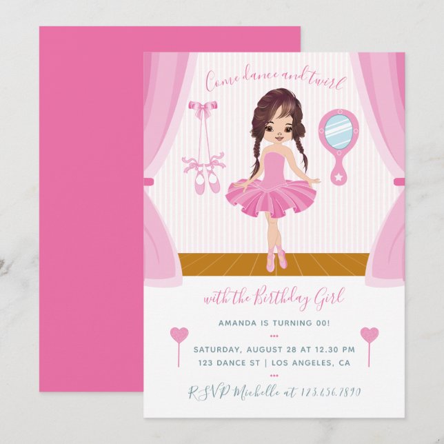 Thème Ballerina rose Anniversaire Invitation (Devant / Derrière)