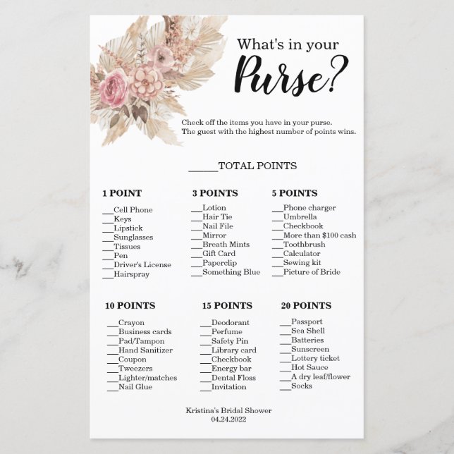 Thème Boho What's In Your Purse Shower Game (Devant)