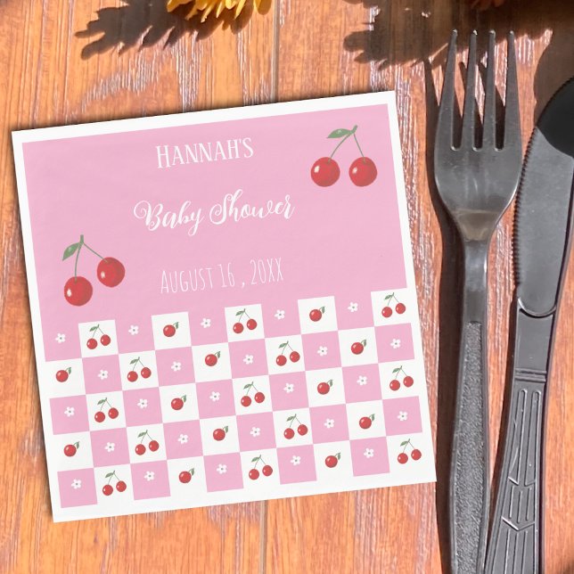 Thème Cerise Serviette en Papier Rose et Blanche (Cherry theme whimsical pink and white Gingham pattern paper napkins . )