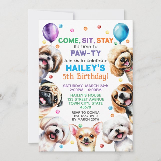 Thème de chien 5e anniversaire Fête Invitation (Devant)
