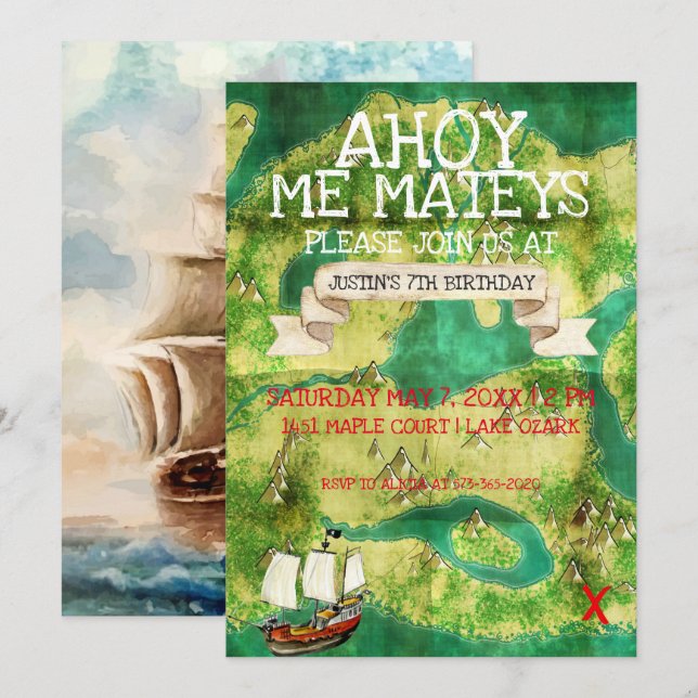 Thème de fête pirate | Carte au trésor à l'aquarel (Devant / Derrière)