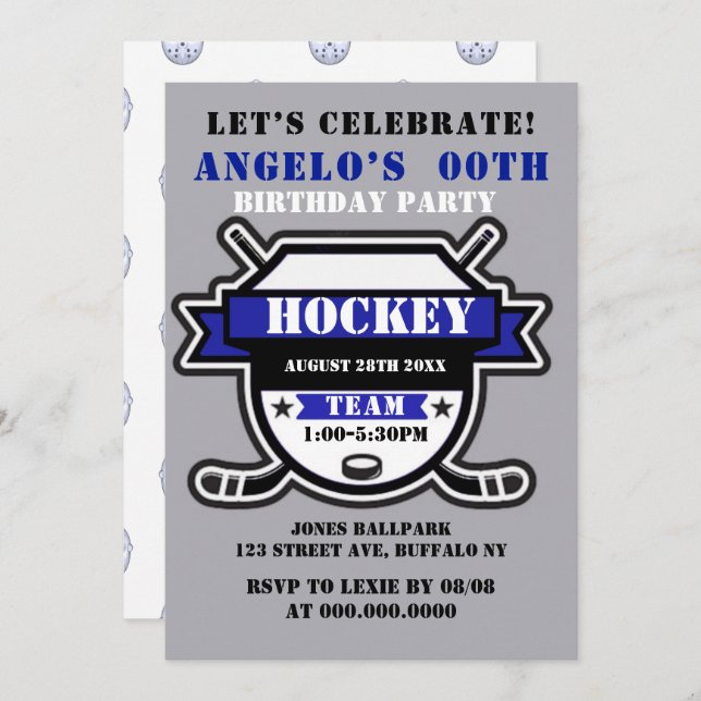 Thème de hockey bleu Invitations de la fête d'anni (Devant / Derrière)