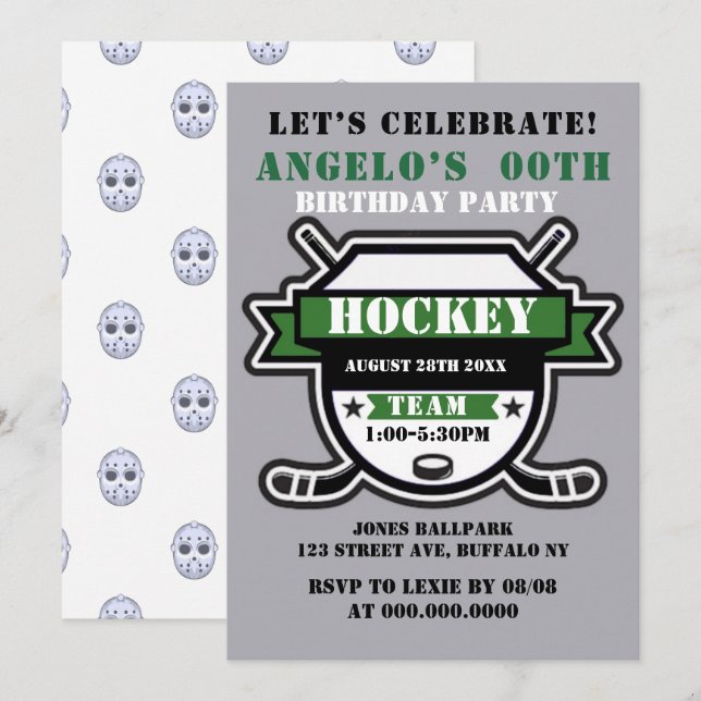 Thème de hockey vert Invitations de la fête d'anni (Devant / Derrière)