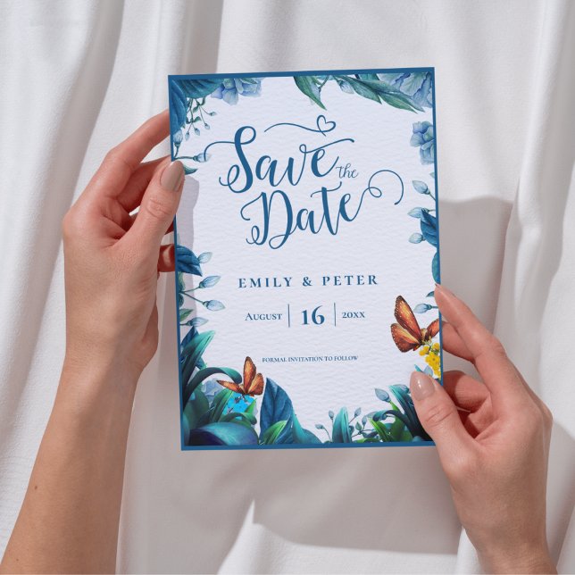 Thème de jardin botanique bleu romantique, carte d (Romantic Blue Botanical Garden Theme Save the Date)