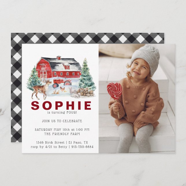 Thème de la ferme d'hiver | Invitation de fête d'a (Devant / Derrière)