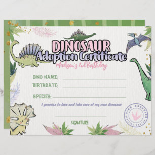 Thème Dinosaur Party, Certificat Dino Adoption
