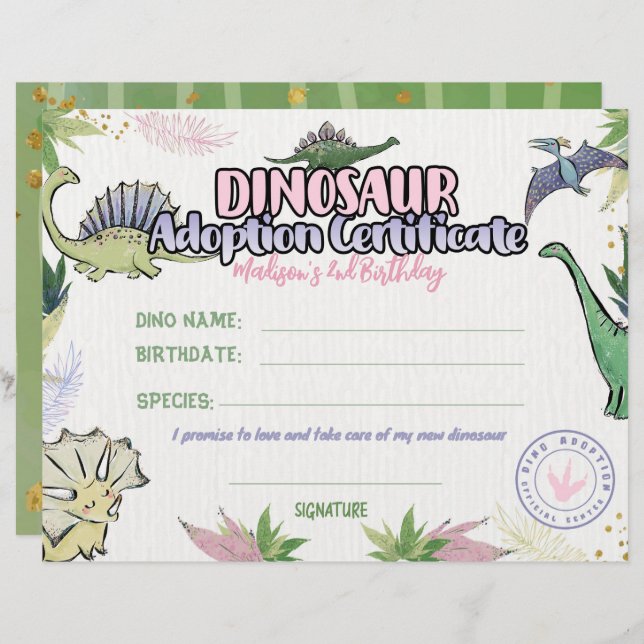 Thème Dinosaur Party, Certificat Dino Adoption (Devant / Derrière)