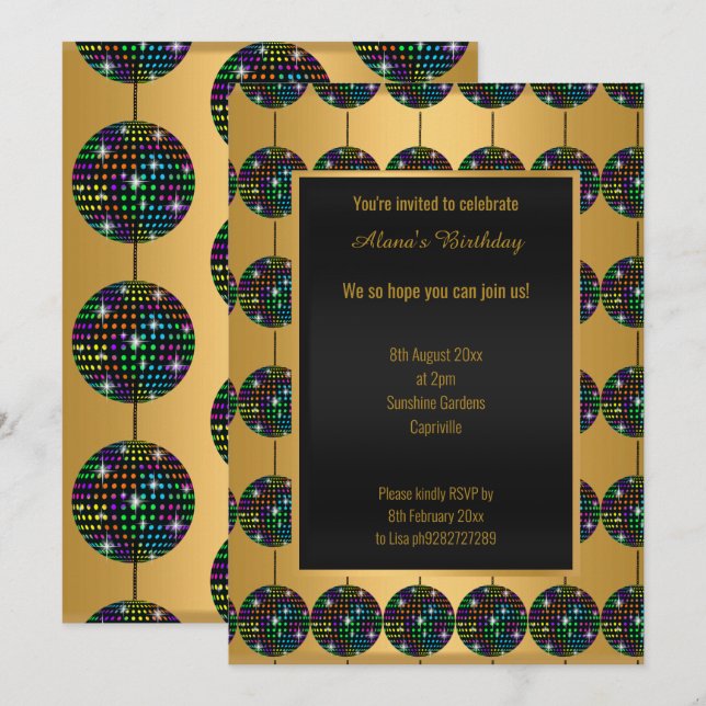 THÈME DU PARTI DISCO OR TOUTE OCCASION INVITATION (Devant / Derrière)