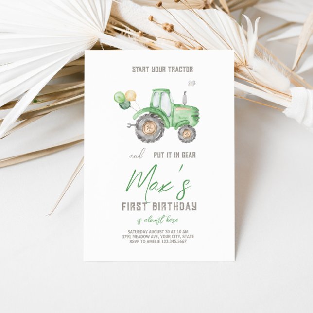 Thème du Tracteur vert Invitation d'anniversaire (Green Farm Tractor Birthday Invitation. )