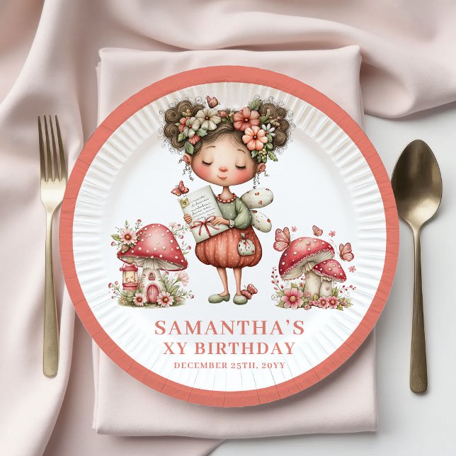 Thème Fée 6ème Anniversaire Assiette en Papier Ros (Fairy Theme 6th Birthday Pink Mushroom Paper Plates)