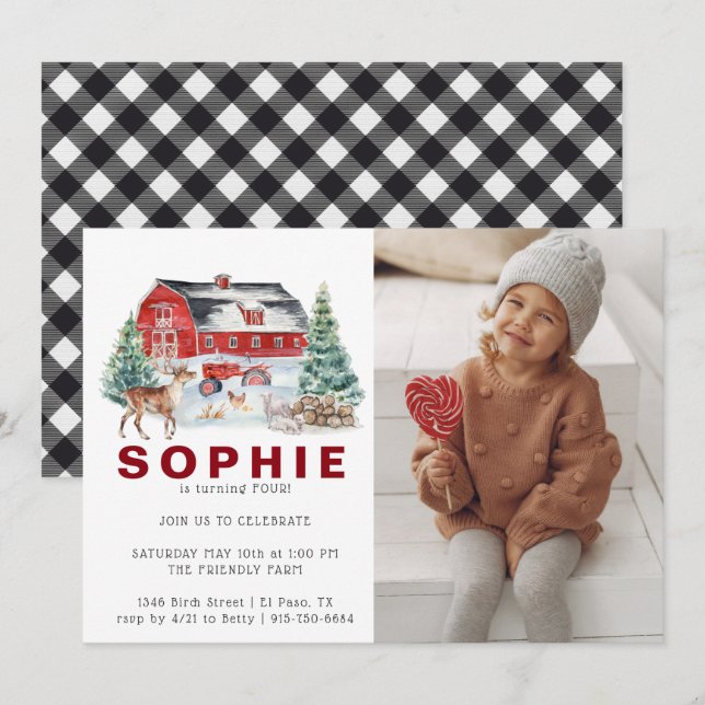 Thème Ferme d'Hiver | Invitation Anniversaire de G (Devant / Derrière)