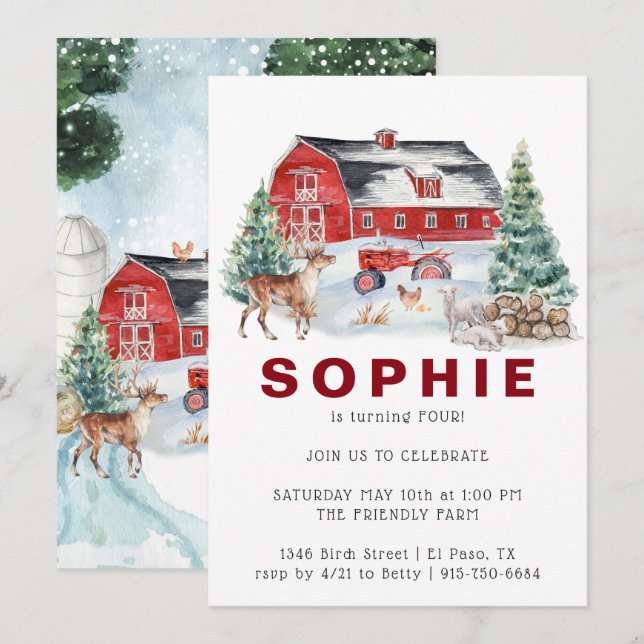 Thème Ferme d'Hiver | Invitation Anniversaire de G (Devant / Derrière)