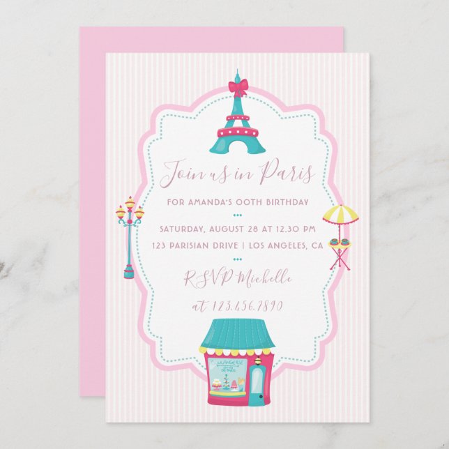 Thème Fille Pink Paris Invitation fête d'anniversa (Devant / Derrière)