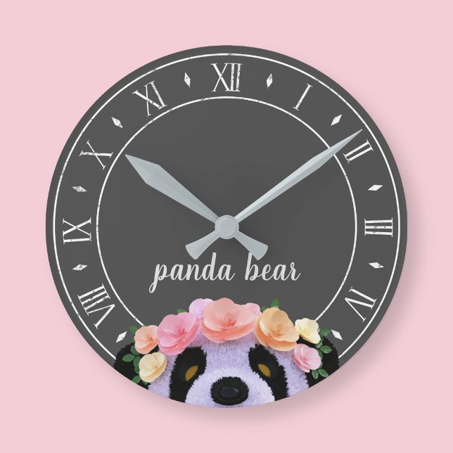 Thème Panda Horloge Ronde Rustique Noir et Blanc (A cute panda bear clock with space for your name)