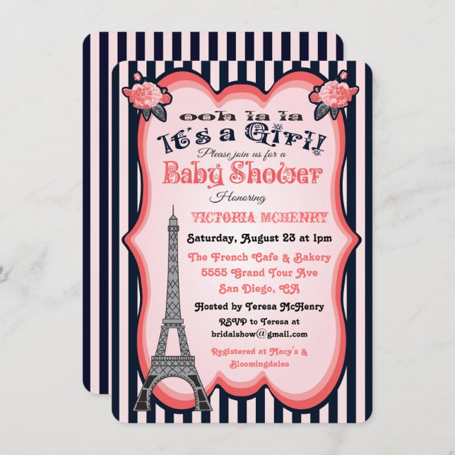 Thème Paris Baby Shower Invitations (Devant / Derrière)