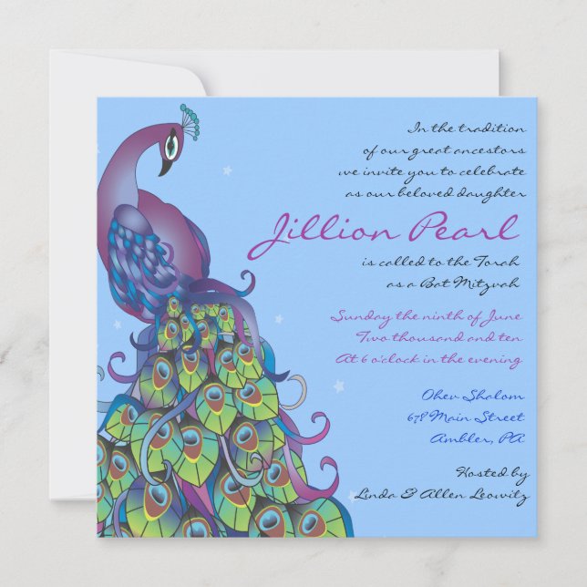 Thème Peacock Bat mitzvah Invitation Invitation bl (Devant)