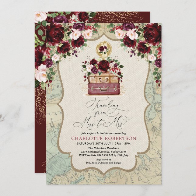 Thème Voyage Carte Vintage Fête des mariées aventu (Devant / Derrière)