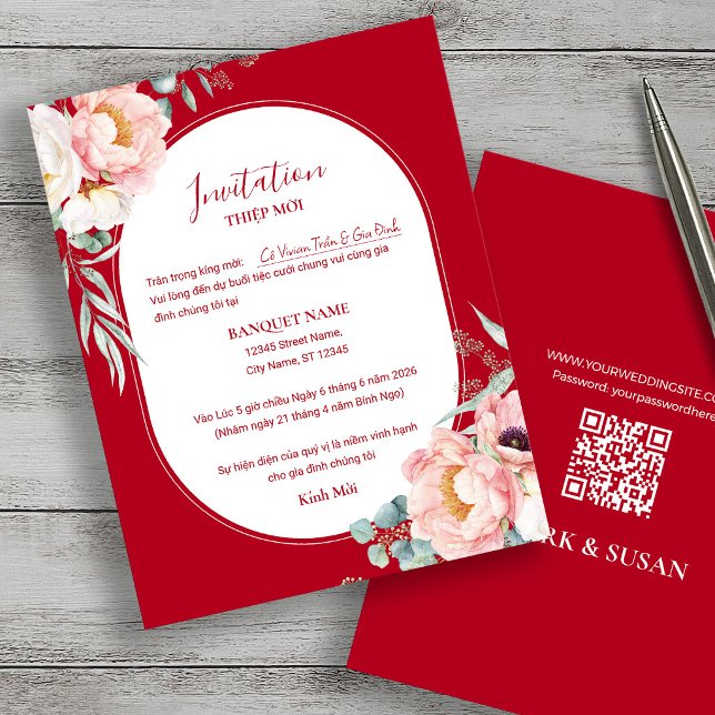 Thiệp Mới Mariage Pivoine Vietnamienne avec code Q (Créateur téléchargé)