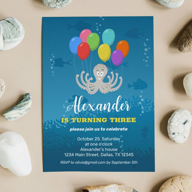 Third Birthday Party Octopus Balloons Invitation (Créateur téléchargé)