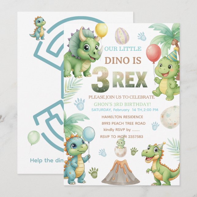 Three-Rex Birthday Invitation with Maze Invitation (Devant / Derrière)