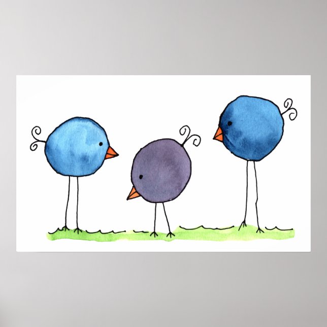 Three Whimsical Watercolor Birds Poster (Devant)