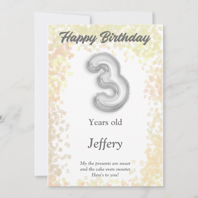 Three year old Happy Birthday card (Devant)