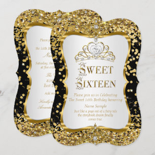 Tiara Princess Sweet 16 Gold Noir Blanc Invitation
