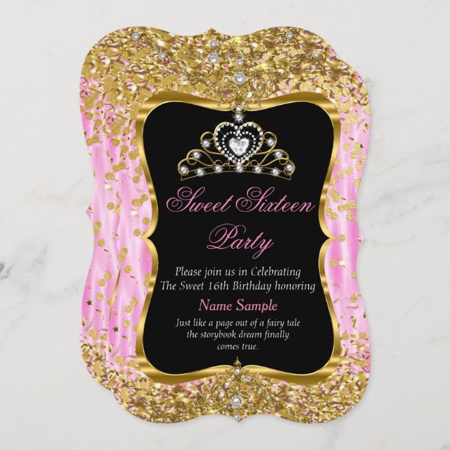 Tiara Princess Sweet 16 Invitation noir or rose (Devant / Derrière)