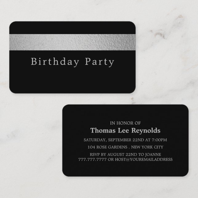 Ticket de fête d'anniversaire noir pour la bande d (Devant / Derrière)