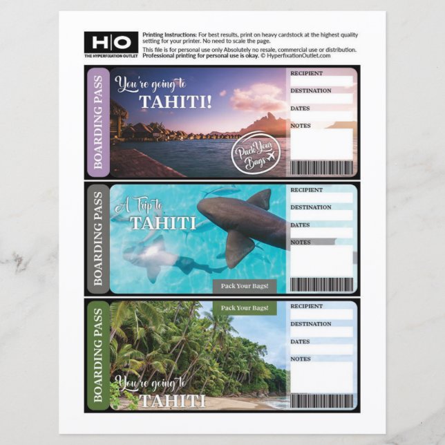 Ticket Faux Tahiti pour Voyage et Événements (Devant)