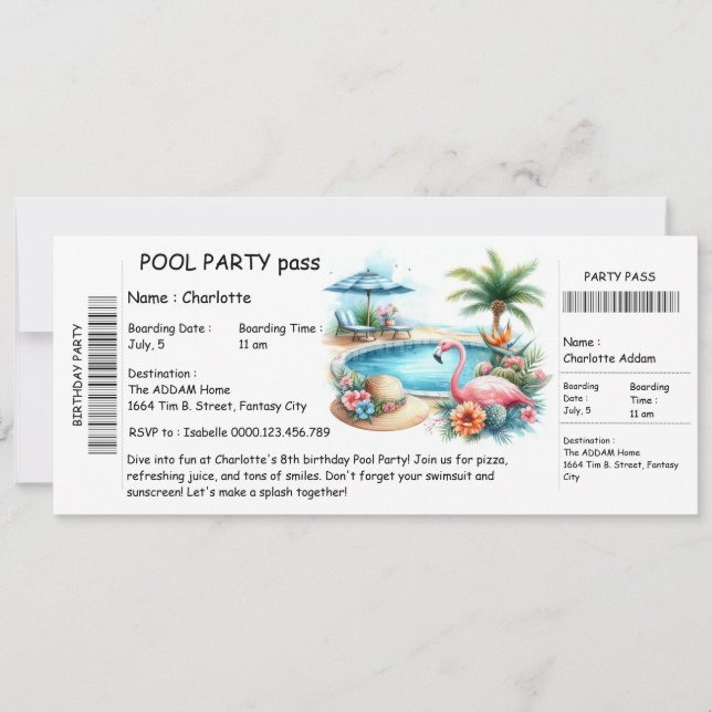Ticket-Style Pool Party Invitation – Birthday Bash (Devant)