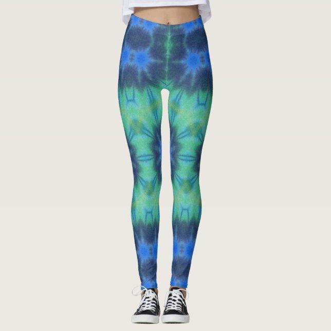 Tie Dye Blue Green Yoga Gym Exercice Leggings (Devant)