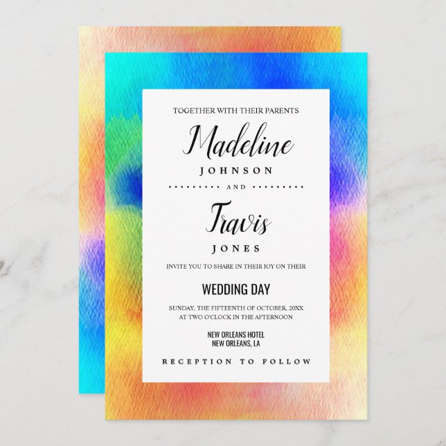 Tie Dye Hippie 60s Aquarelle Mariage Invitations (Devant / Derrière)