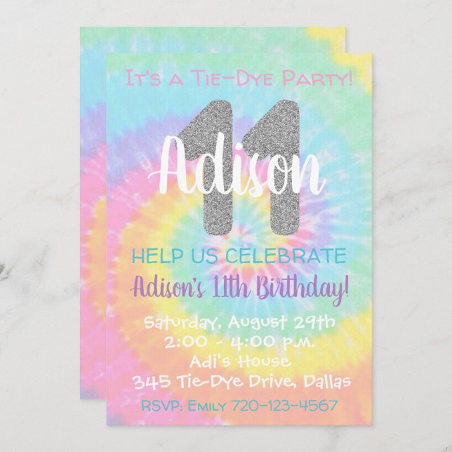 Tie Dye Invitation anniversaire 11e anniversaire (Devant / Derrière)