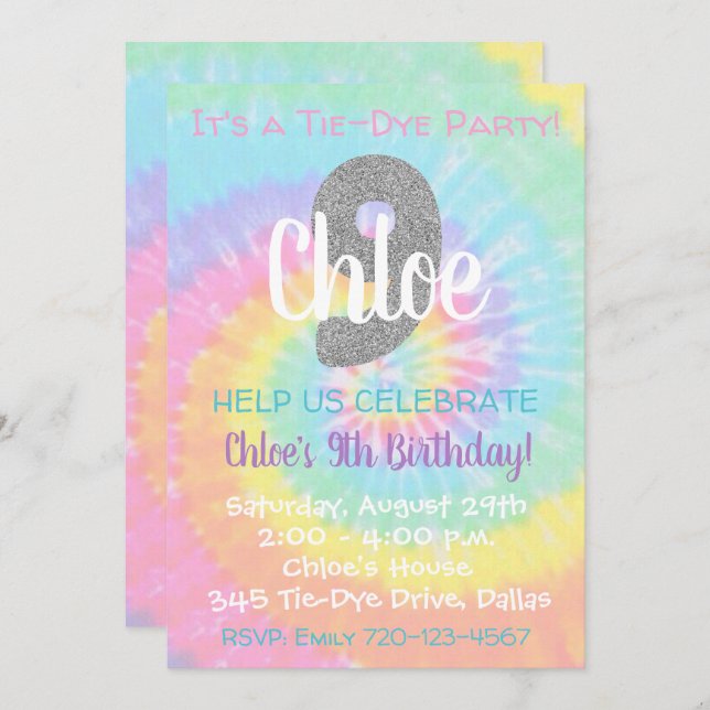 Tie Dye Invitation anniversaire 9e anniversaire (Devant / Derrière)