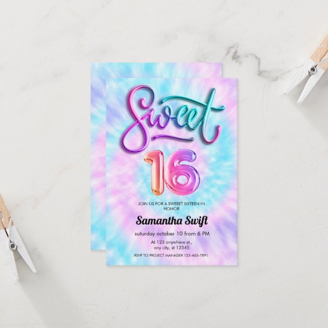 Tie Dye Sweet sixteen invitations (Devant/Arrière en situation)