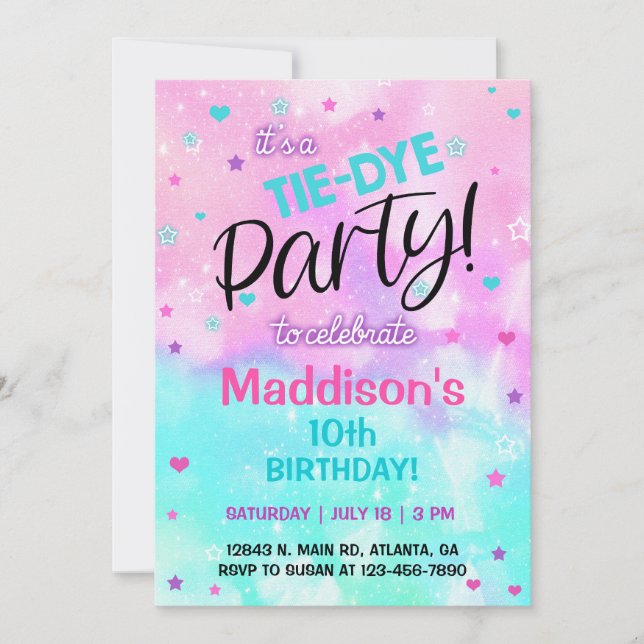 TieDye pastel Girl Birthday invitation. Invitation (Devant)