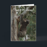 Tiens bon ! Carte Koala Australie<br><div class="desc">Rappelez à un ami, un membre de la famille ou un proche que les jours meilleurs arrivent. Cette carte d'encouragement comporte un koala suspendu dans un arbre avec le texte "accrochez-vous là". La photo à l'intérieur a un koala reposant heureux sur une branche d'arbre après l'avoir fait en haut. Le...</div>