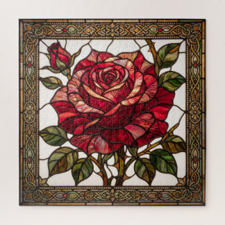 Tiffany-Style Stained Glass Red Rose Virtue Puzzle