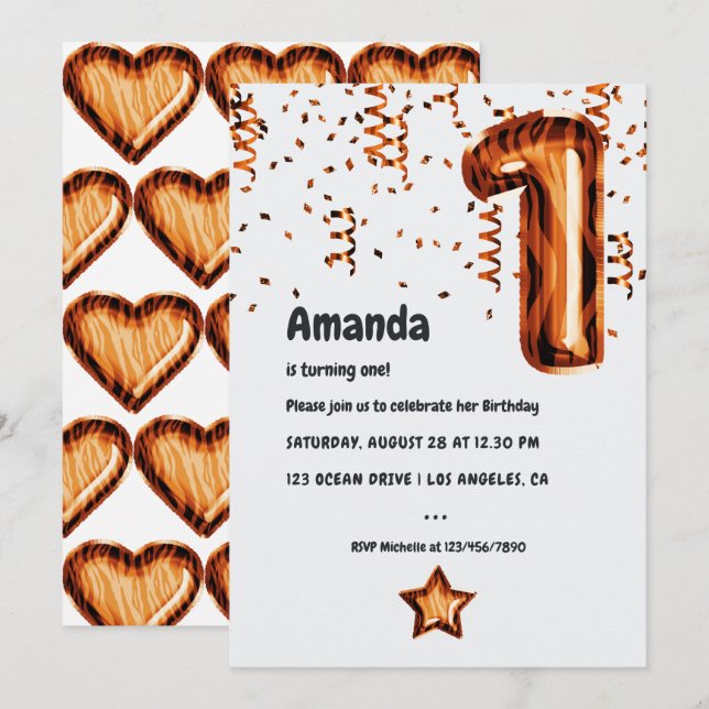 Tiger Balloon 1er Anniversaire Fête Invitation (Devant / Derrière)