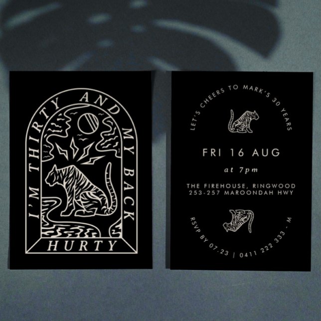 Tiger Funny Back Hurty 30th Birthday Invitation (Créateur téléchargé)