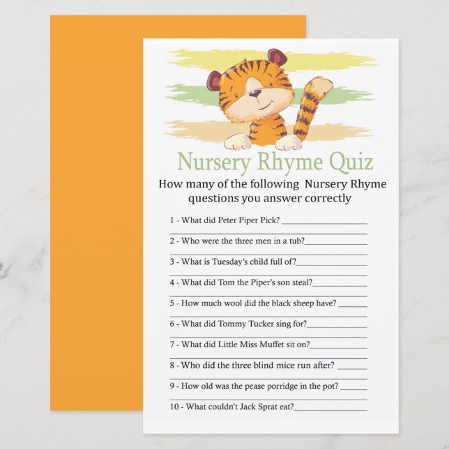 Tiger Nursery Rhyme Quiz jeu de baby shower (Devant / Derrière)
